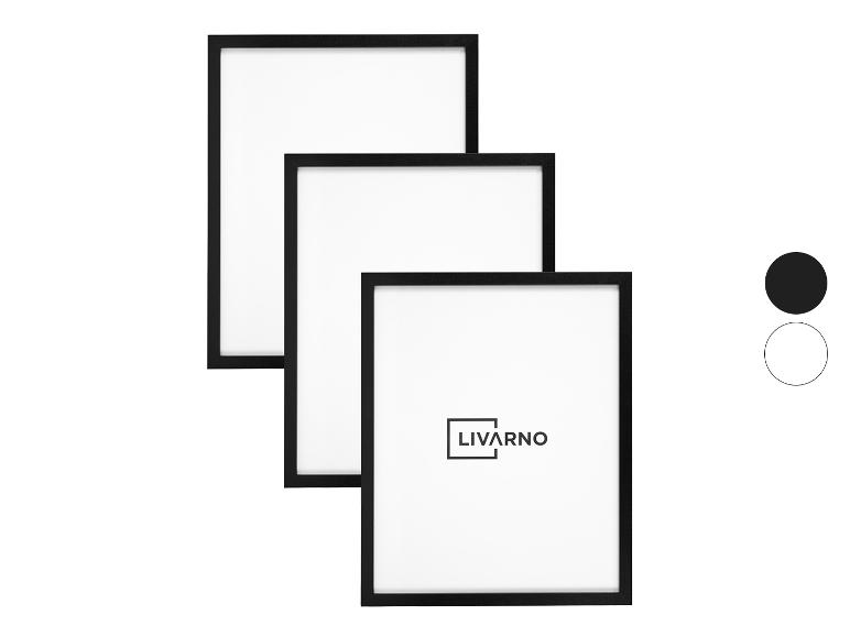 Drie zwarte fotolijsten met LIVARNO-logo en kleurstaaltjes