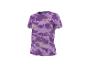 Sportief T-shirt met korte mouwen, paars camouflagepatroon en strepen.