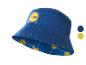 Omkeerbare blauwe bucket hat met geel en blauw logo.