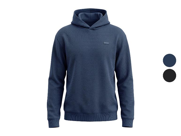 Herenhoodie in marineblauw, met klein logo op de borst en twee kleuropties.