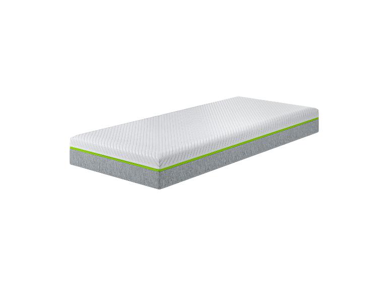 Een wit matras met grijze zijkanten en een groene bies.