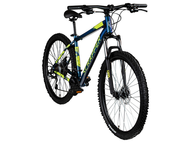 Een blauwe mountainbike met gele details en Kenda banden.