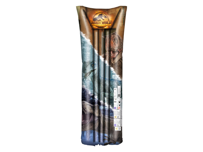 Een opblaasbaar zwembadbed met Jurassic World Dominion-thema.