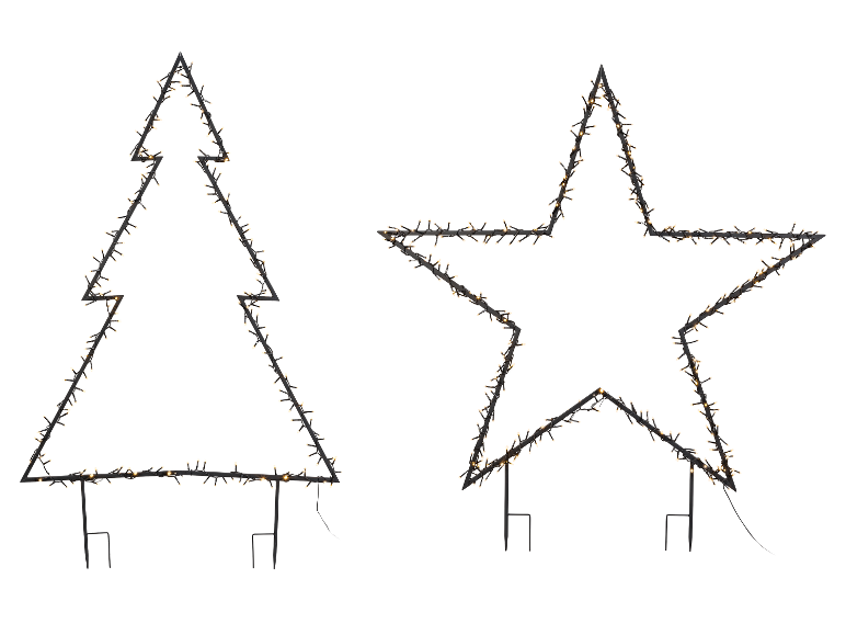 Verlichte kerstboom- en sterdecoraties voor buiten met warmwitte LED-verlichting.