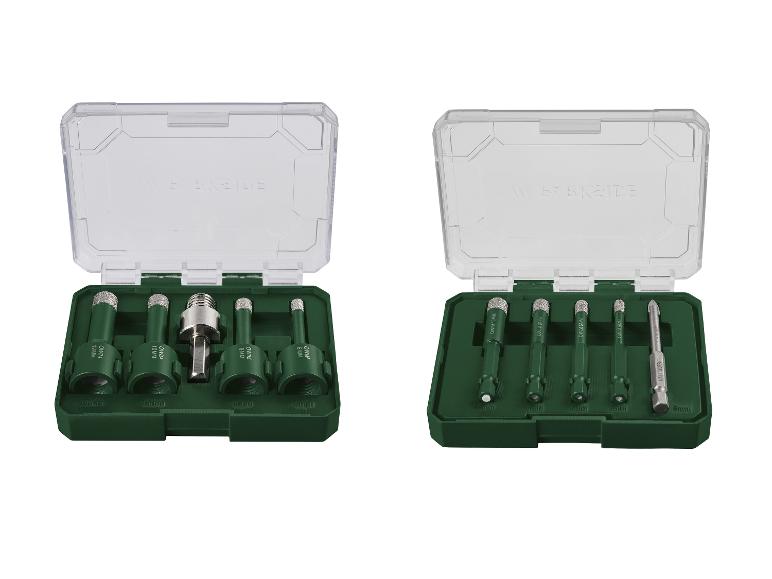 Twee sets diamantboren en tegelboren, gepresenteerd in transparante dozen.