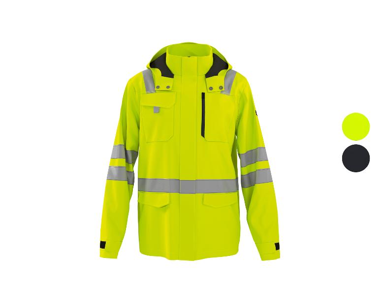 Gele hoge zichtbaarheidsjas met reflecterende strepen en kleuropties.