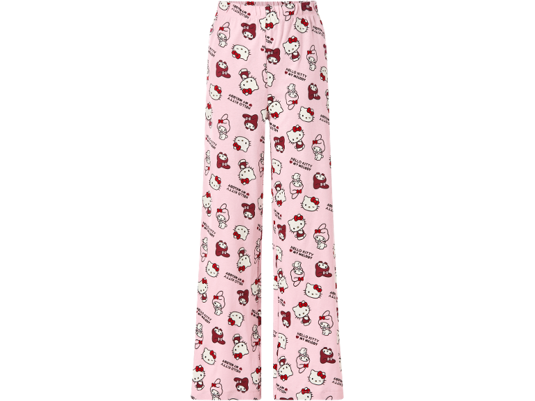 Roze pyjamabroek met stripfiguren en tekst.