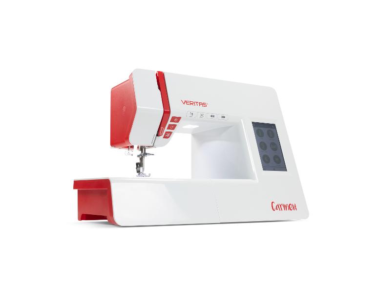 Witte en rode naaimachine met digitaal display en bedieningsknoppen
