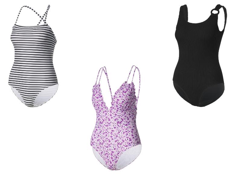 Eéndelige badpakken: gestreept, bloemenprint en zwart ribgebreid.