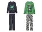 Twee Minecraft-pyjama's voor jongens: een donkerblauwe met 'EXPLORE MORE!' en een groene met 'READY SET CRAFT'.