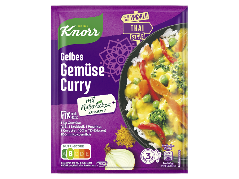 Gele groentecurrysaus, Thaise stijl, met Nutri-Score A-E en voedingsinformatie.