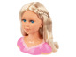 Een blonde poppenkop met lang haar, geschikt voor het oefenen van kapsels.