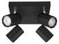 Zwarte vierkante plafondlamp met vier verstelbare lampen.