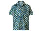 Blauw overhemd met korte mouwen en een herhalend winkellogopatroon.