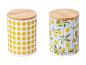 Twee metalen opbergdozen met bamboe deksels, citroenenprint.