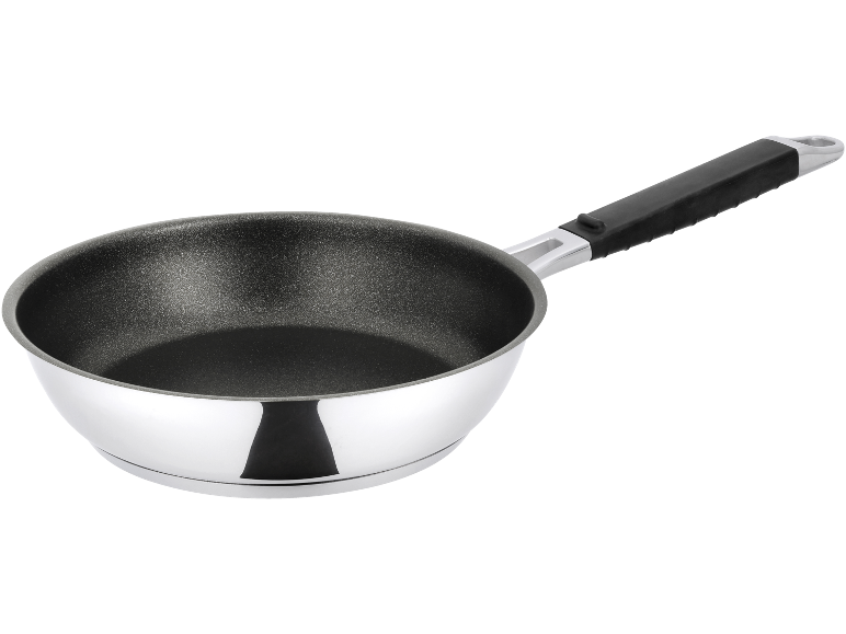 Roestvrijstalen pan met zwarte antiaanbaklaag en handvat.