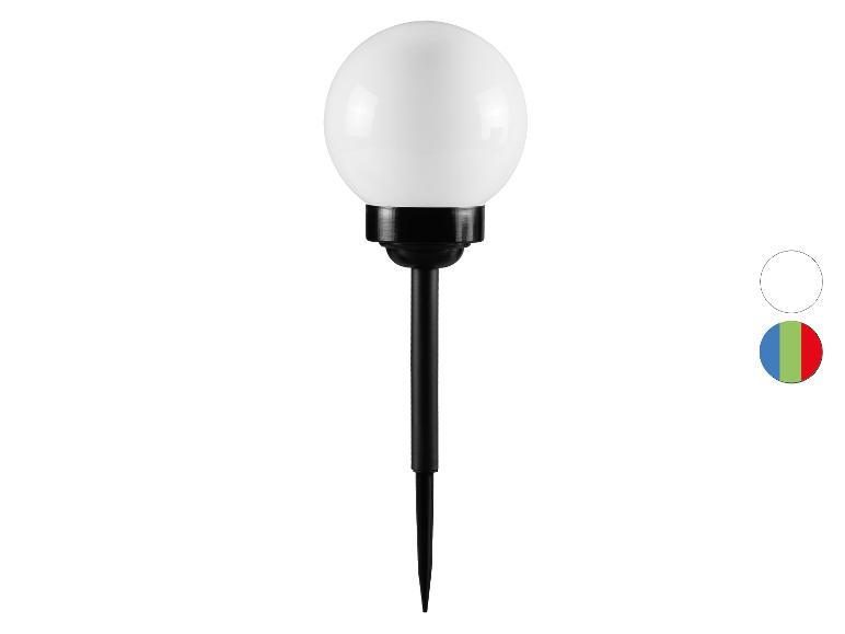 Solar tuinlamp met witte bolvormige lamp en zwarte grondpin, met kleuropties.