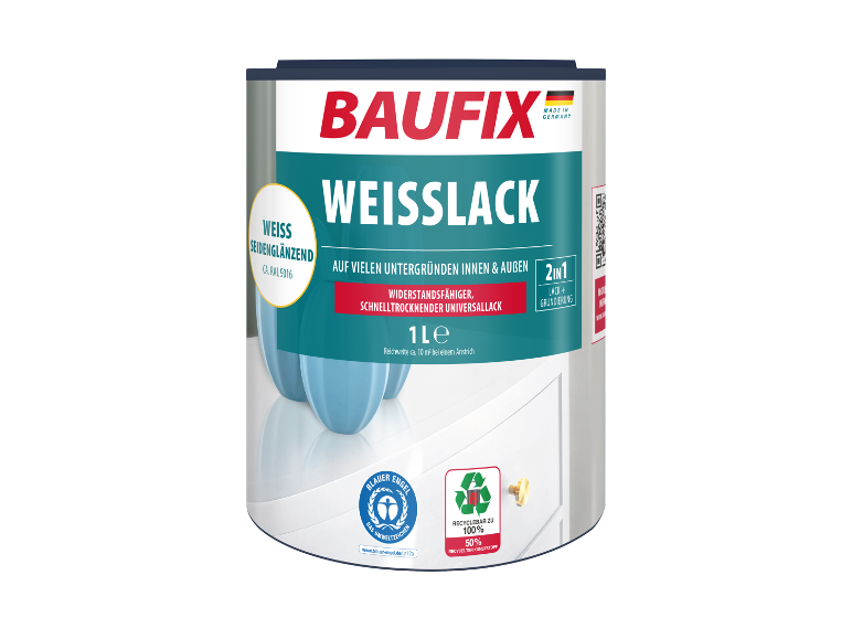 Baufix witte verf, 1L, binnen/buiten.
