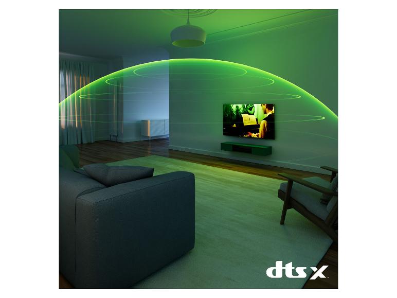 Woonkamer met groen surroundgeluid dat uit een tv komt, met DTS:X-logo.