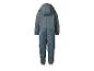 Blauwe kinderoverall met capuchon en reflecterende details, achteraanzicht.