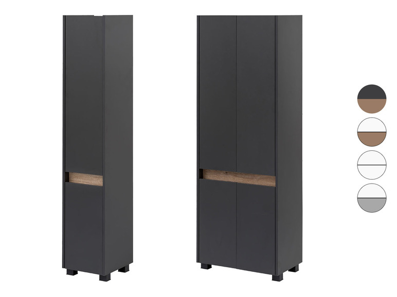 Twee hoge kasten met dubbele deuren, in grijs met houtkleurige accenten.