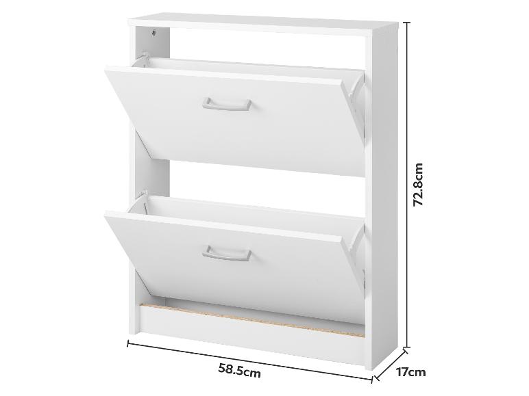 Witte schoenenkast met twee kantelbare lades en afmetingen.