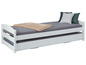 Wit houten bed met uittrekbaar bed en kussens.