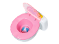 Roze en wit speelgoedtoilet met transparant deksel en gele knop.