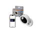 Slimme camera en de verpakking met telefoonapp-interface.