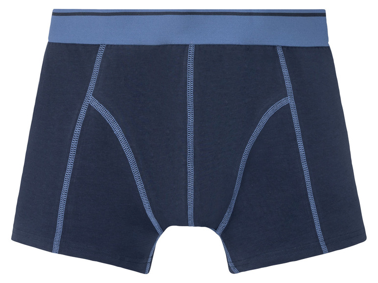 Een paar donkerblauwe boxershorts met een blauwe elastische tailleband.