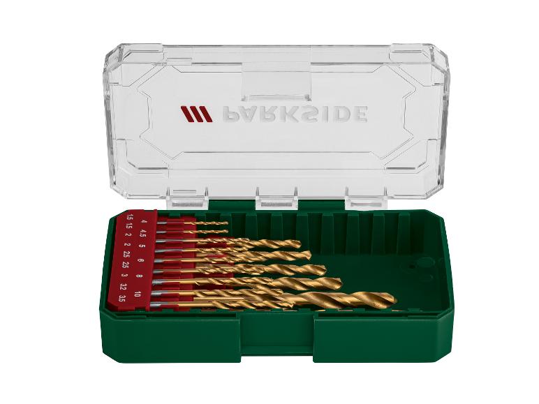 15-delige titanium boorset, maten van 1,5 mm tot 10 mm, in een groene koffer.