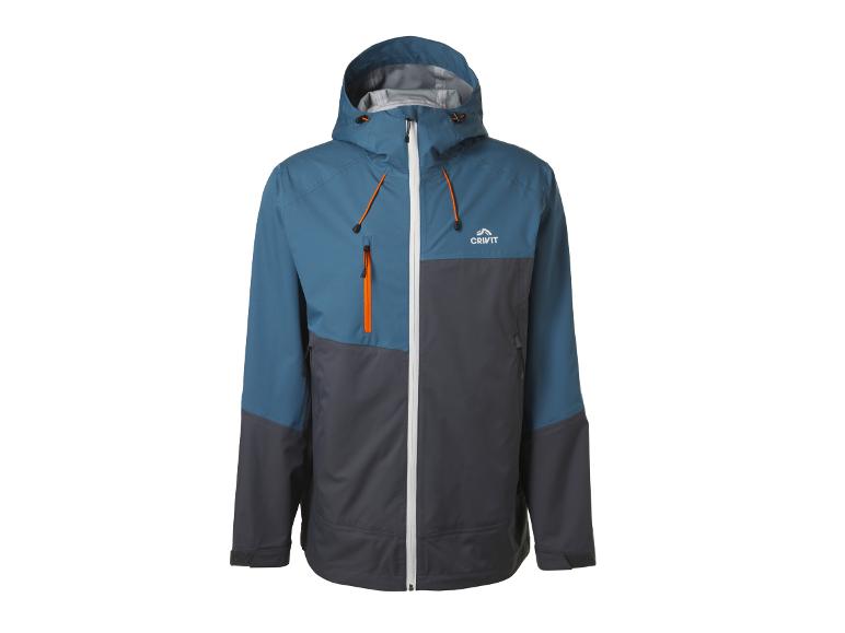 Blauw en grijs heren outdoorjack met capuchon en oranje accenten
