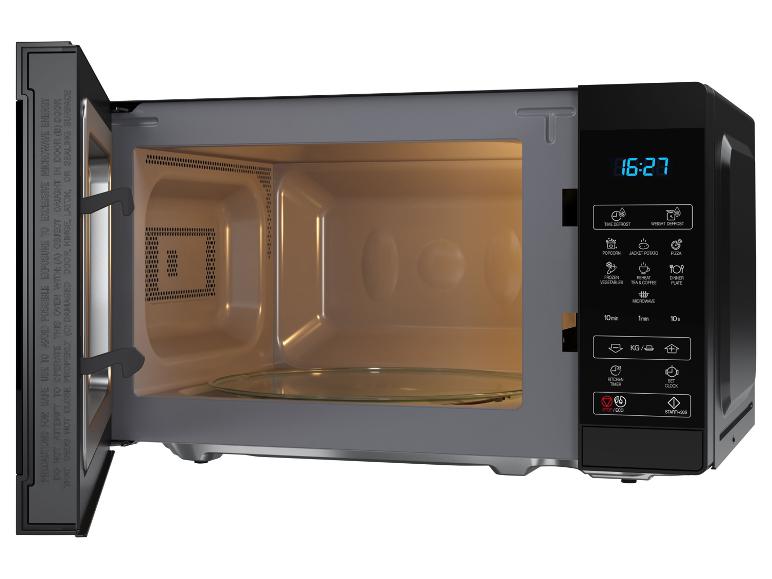 Zwarte magnetron met open deur en digitaal display 16:27.