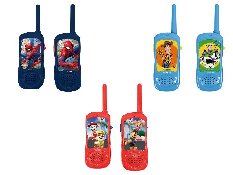Set van zes kinderwalkie-talkies met Spiderman, Toy Story en Paw Patrol thema's.