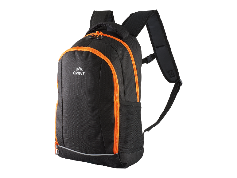 Een zwarte Crivit rugzak met oranje accenten.