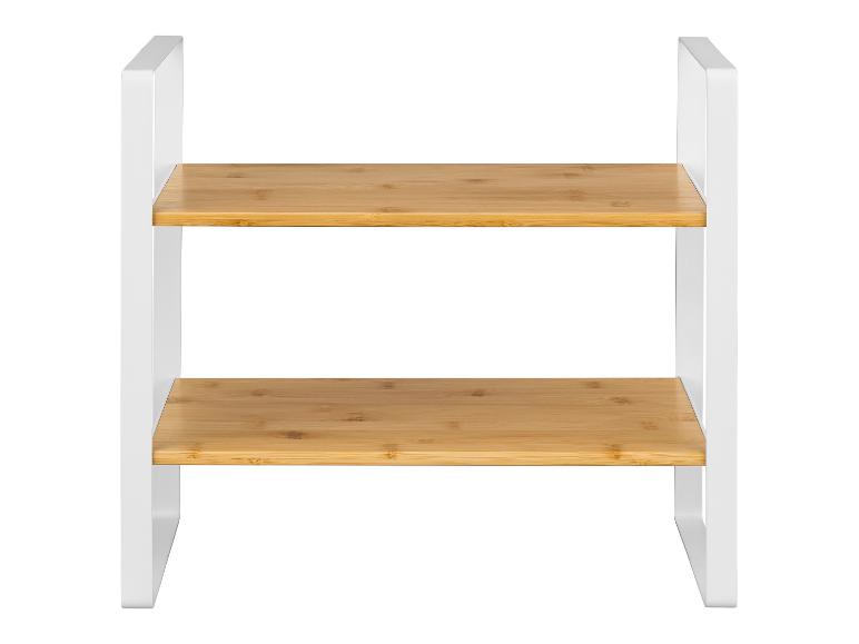 Twee-laags bamboe kruidenrek met wit metalen frame.