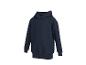 Donkerblauwe hoodie met kangoeroezak en geribbelde manchetten en zoom.