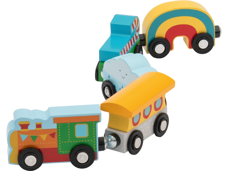Kleurrijke houten speelgoedtrein met locomotief, wolkenwagon, gestreepte wagon en regenboogwagon.