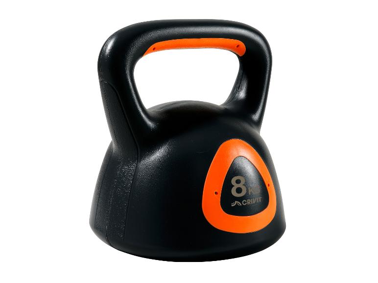 Zwarte kettlebell met oranje details en 8 kg aanduiding