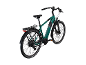 Groene elektrische fiets met bagagedrager en zwarte spatborden, achteraanzicht.