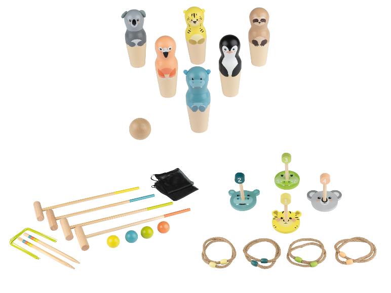 Houten buitenspeelset met dierenbowlingkegels, croquet en ringwerpen.