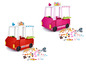 Twee roze en rode speelgoed foodtrucks met accessoires zoals eten en een kassa.