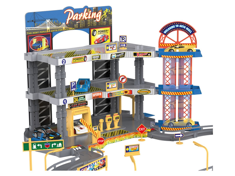 Speelgoed parkeergarage met auto's, een wasstraat en een lift.