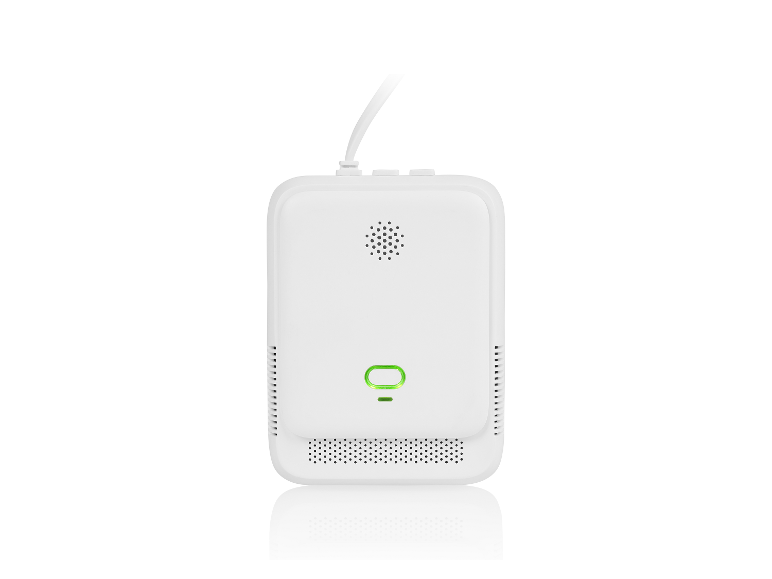 Witte luchtkwaliteitsdetector met groen display en stroomkabel.