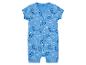 Een blauwe romper met korte mouwen voor baby's, met een print van dinosaurussen en sterren.