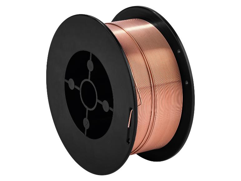 Spoelspoel met koperen lasdraad op een zwarte haspel.