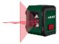 Groen en zwart kruislijnlaserwaterpas dat rode horizontale en verticale laserlijnen uitzendt
