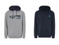 Twee hoodies, een grijze met 'MANDO!' print en een donkerblauwe met een cartoon-eend.
