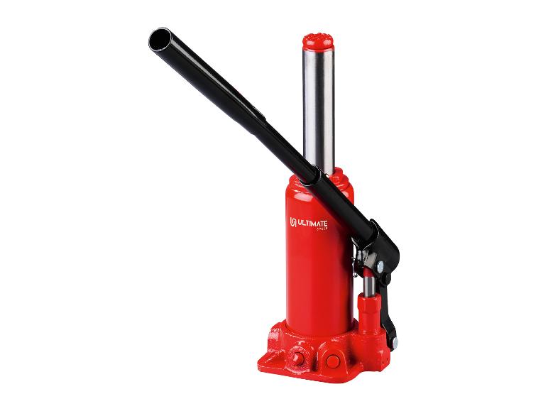 Rode hydraulische krik met een zwart handvat, met het Ultimate Speed-logo.