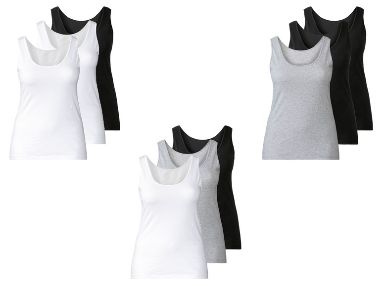 Drie sets van witte, grijze en zwarte tanktops.